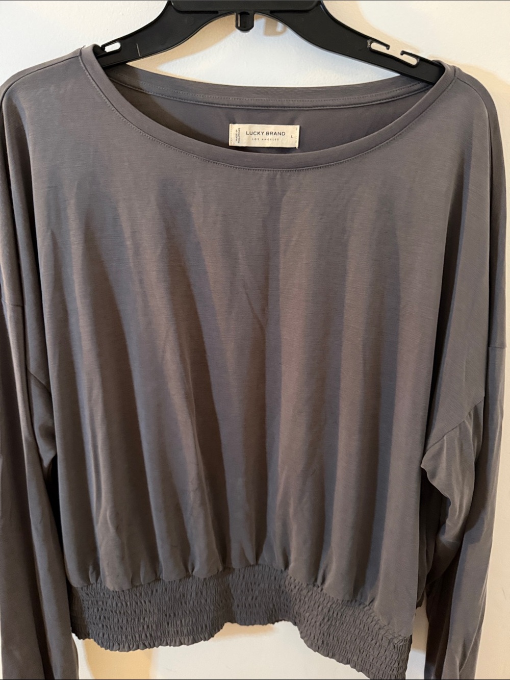 Lucky Brand Gray Long-Sleeve Smocked-Hem Top